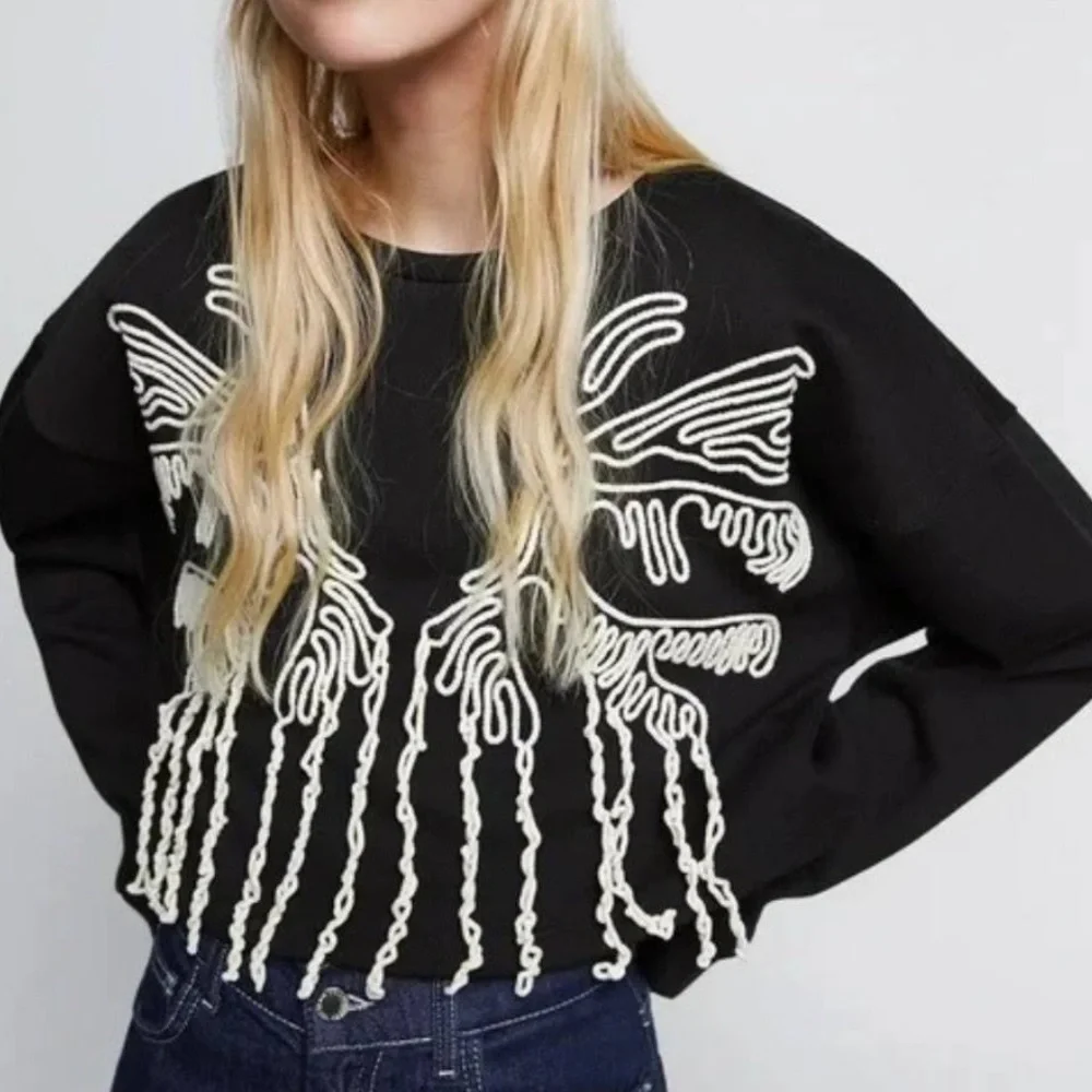 ZARA Size L black yarn fringe crop sweatshirt